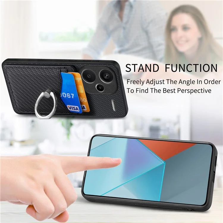 Für Xiaomi Redmi Note 13 Pro+ 5G Kickstand Case Carbon Fiber PU Card Slots Phone Cover - Schwarz