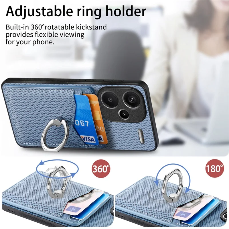 For Xiaomi Redmi Note 13 Pro+ 5G Kickstand Case Carbon Fiber PU Card Slots Phone Cover - Blue