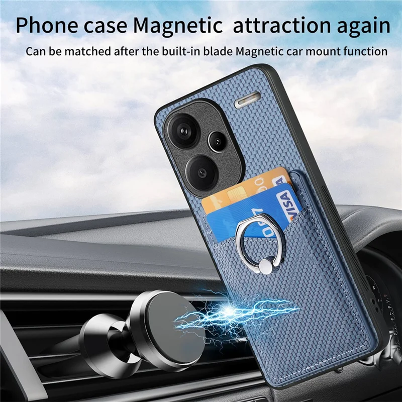 For Xiaomi Redmi Note 13 Pro+ 5G Kickstand Case Carbon Fiber PU Card Slots Phone Cover - Blue
