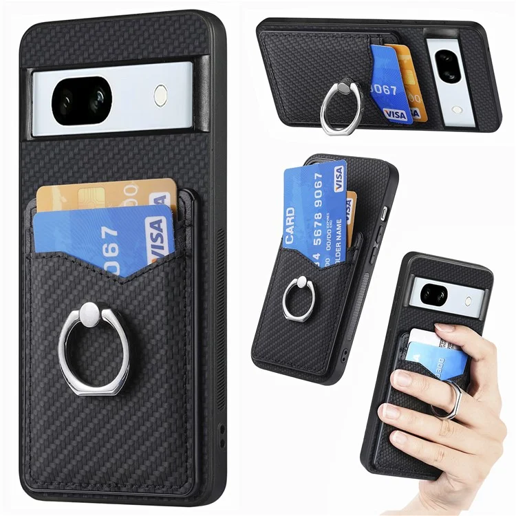 For Google Pixel 7a Case Card Holder PU Leather+PC+TPU Carbon Fiber Texture Phone Cover - Black