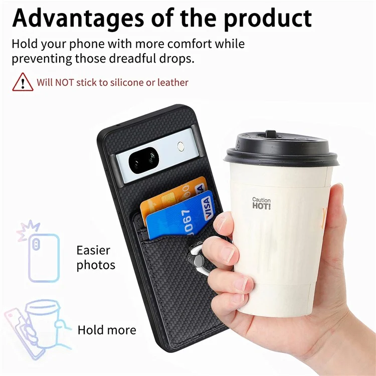 For Google Pixel 7a Case Card Holder PU Leather+PC+TPU Carbon Fiber Texture Phone Cover - Black
