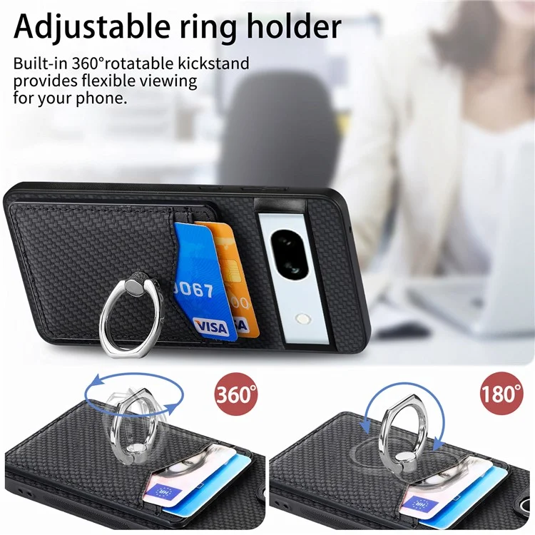 For Google Pixel 7a Case Card Holder PU Leather+PC+TPU Carbon Fiber Texture Phone Cover - Black
