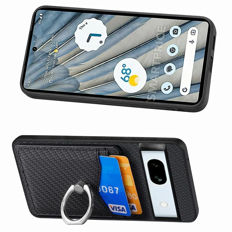 For Google Pixel 7a Case Card Holder PU Leather+PC+TPU Carbon Fiber Texture Phone Cover - Black