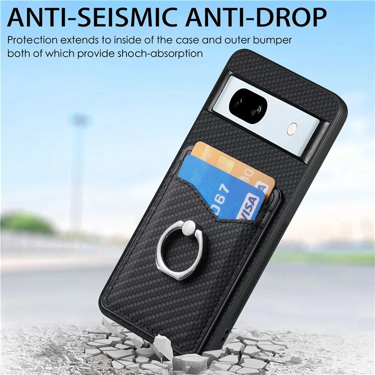 For Google Pixel 7a Case Card Holder PU Leather+PC+TPU Carbon Fiber Texture Phone Cover - Black