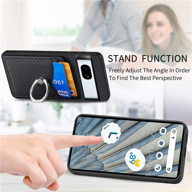 For Google Pixel 7a Case Card Holder PU Leather+PC+TPU Carbon Fiber Texture Phone Cover - Black