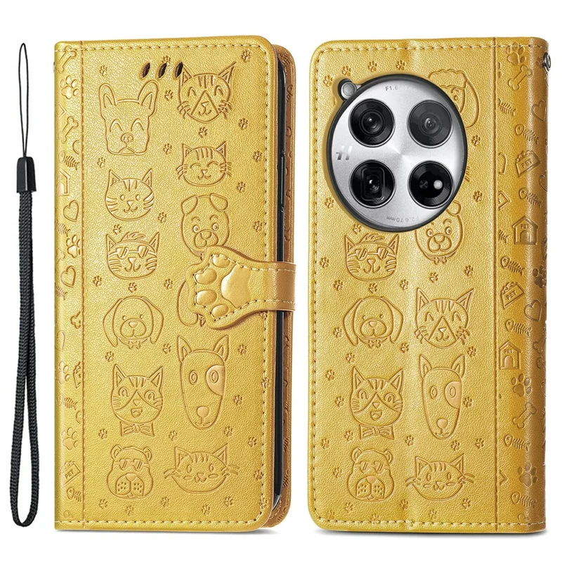 For OnePlus 12 5G Case Cute Cat Dog Imprinted PU Leather Flip Phone Cover - Yellow