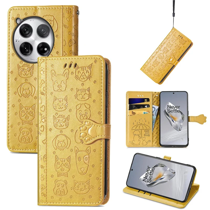 For OnePlus 12 5G Case Cute Cat Dog Imprinted PU Leather Flip Phone Cover - Yellow