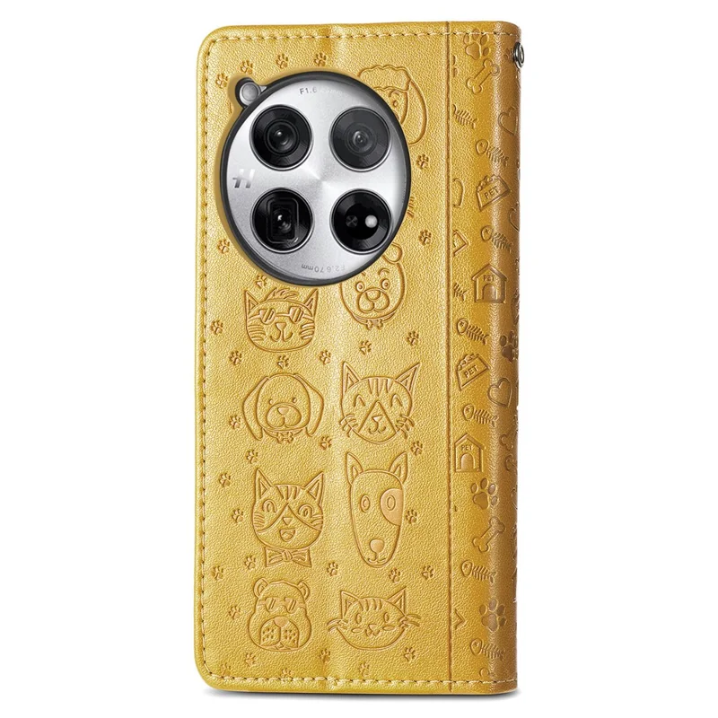 For OnePlus 12 5G Case Cute Cat Dog Imprinted PU Leather Flip Phone Cover - Yellow