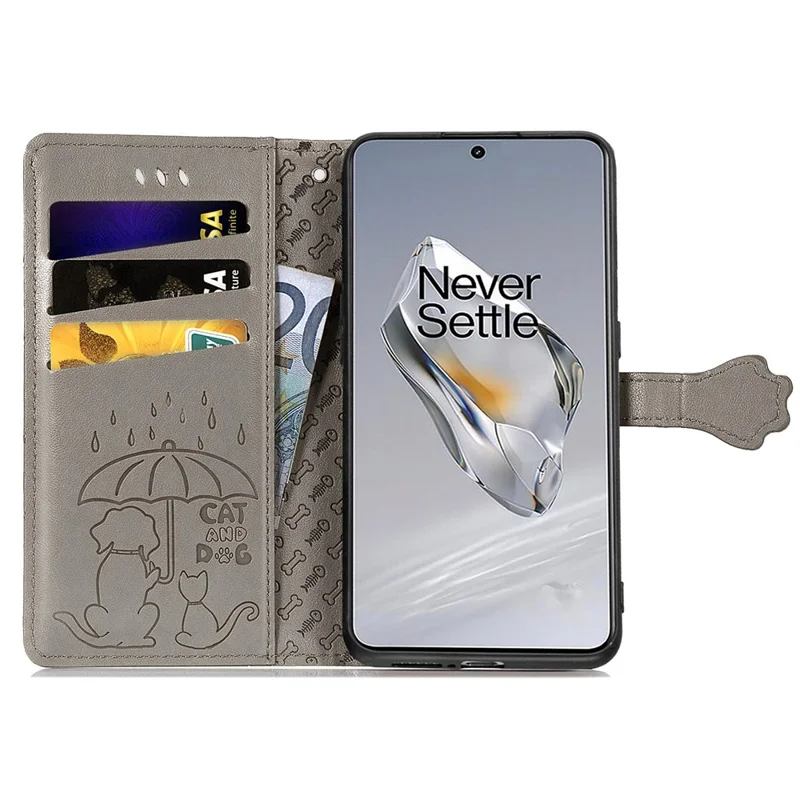 For OnePlus 12 5G Case Cute Cat Dog Imprinted PU Leather Flip Phone Cover - Grey