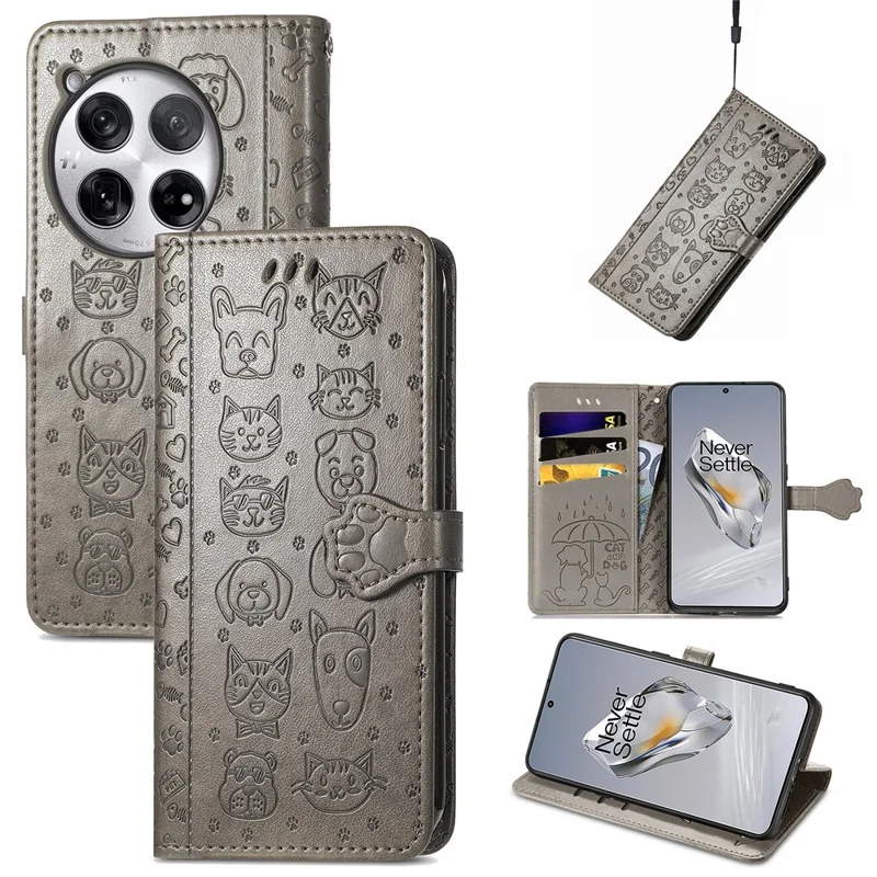 For OnePlus 12 5G Case Cute Cat Dog Imprinted PU Leather Flip Phone Cover - Grey