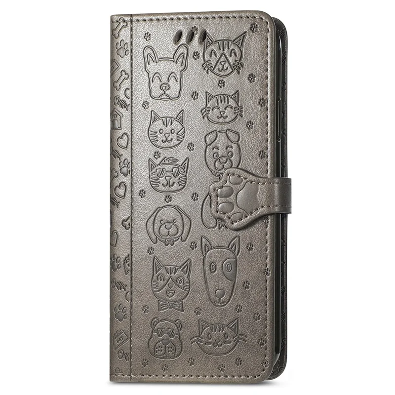 For OnePlus 12 5G Case Cute Cat Dog Imprinted PU Leather Flip Phone Cover - Grey