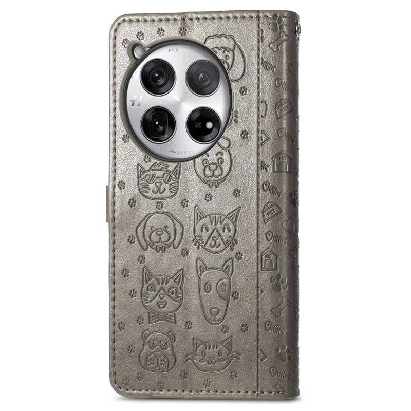 For OnePlus 12 5G Case Cute Cat Dog Imprinted PU Leather Flip Phone Cover - Grey