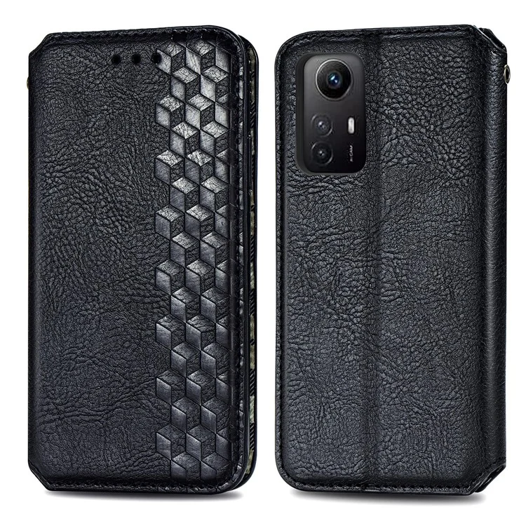 For Xiaomi Redmi Note 12S 4G PU Leather Case Rhombus Imprint Wallet Stand Phone Cover - Black
