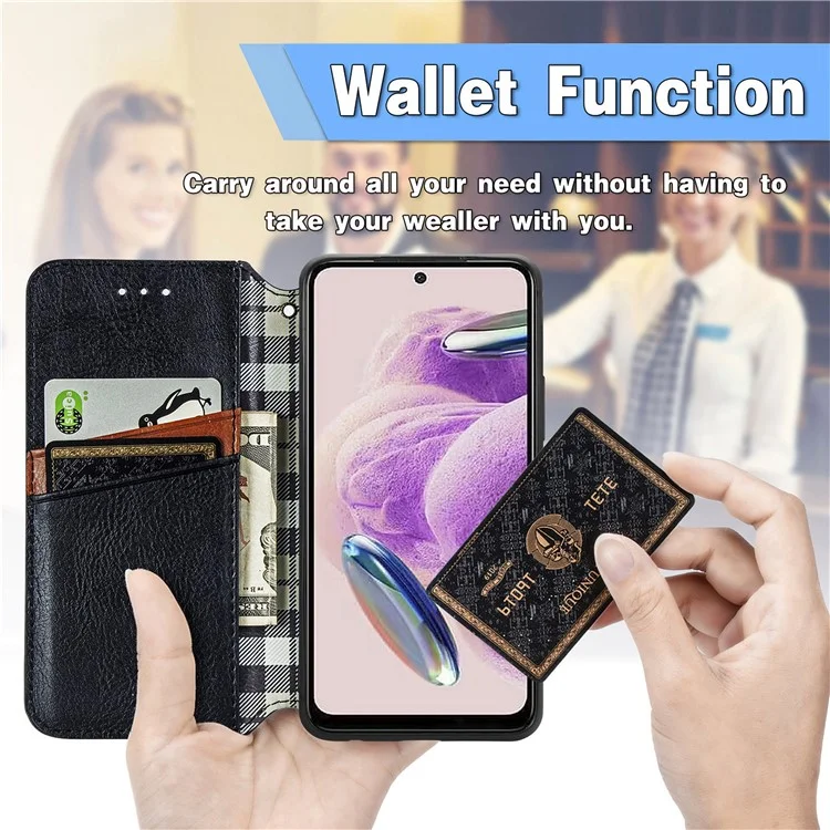 For Xiaomi Redmi Note 12S 4G PU Leather Case Rhombus Imprint Wallet Stand Phone Cover - Black