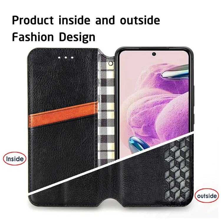For Xiaomi Redmi Note 12S 4G PU Leather Case Rhombus Imprint Wallet Stand Phone Cover - Black
