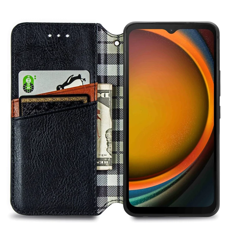 For Samsung Galaxy Xcover7 PU Leather Case Rhombus Imprint Wallet Stand Phone Cover - Black