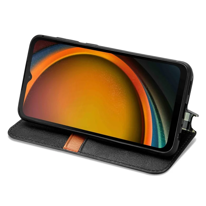 For Samsung Galaxy Xcover7 PU Leather Case Rhombus Imprint Wallet Stand Phone Cover - Black