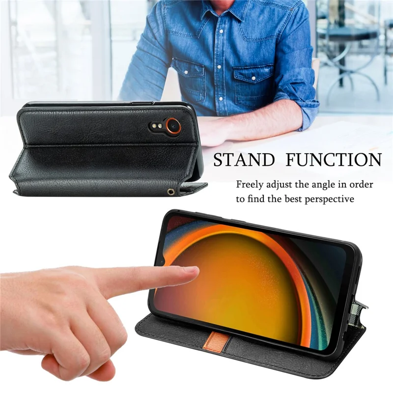 For Samsung Galaxy Xcover7 PU Leather Case Rhombus Imprint Wallet Stand Phone Cover - Black
