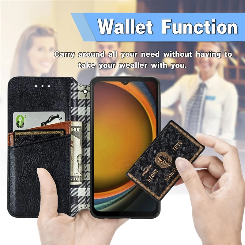 For Samsung Galaxy Xcover7 PU Leather Case Rhombus Imprint Wallet Stand Phone Cover - Black
