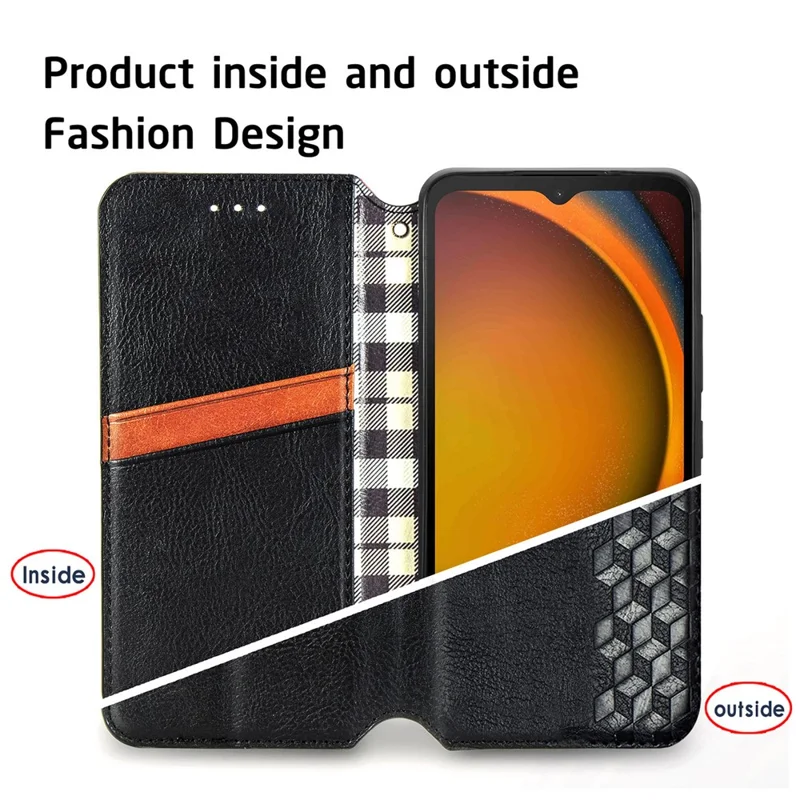 For Samsung Galaxy Xcover7 PU Leather Case Rhombus Imprint Wallet Stand Phone Cover - Black