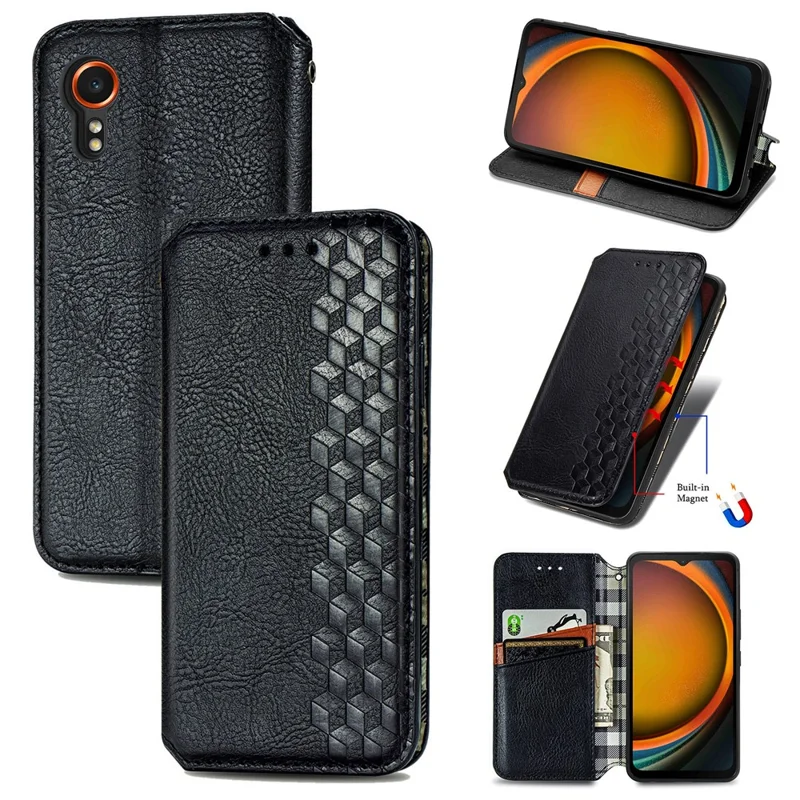 For Samsung Galaxy Xcover7 PU Leather Case Rhombus Imprint Wallet Stand Phone Cover - Black