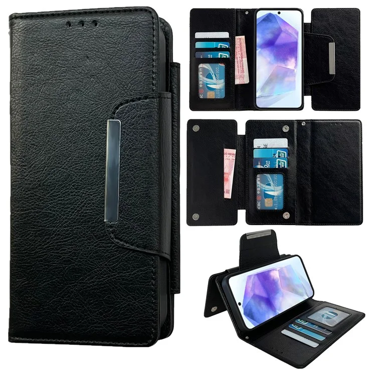 For Samsung Galaxy A55 5G Wallet Case Detachable 2-in-1 Design Flip Stand Phone Cover - Black