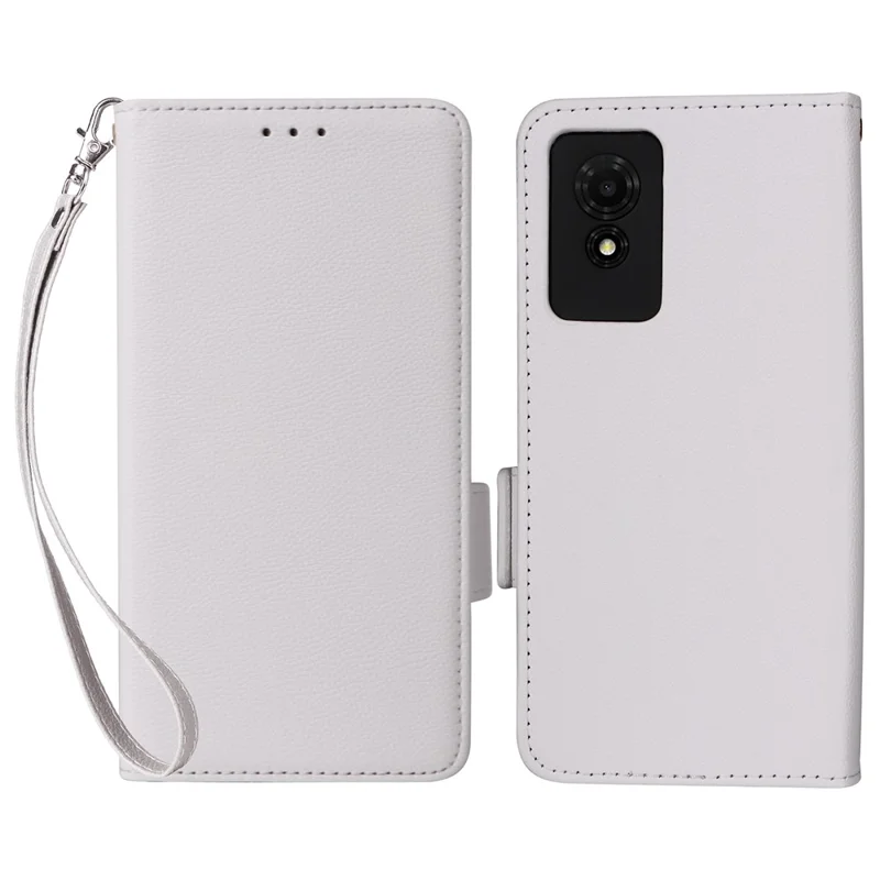 For TCL 501 T433D Case with Wrist Strap Litchi Texture PU Leather Wallet Phone Cover - White