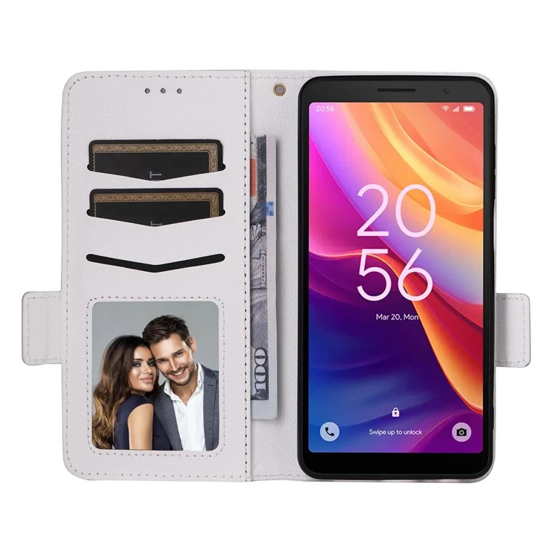 For TCL 501 T433D Case with Wrist Strap Litchi Texture PU Leather Wallet Phone Cover - White