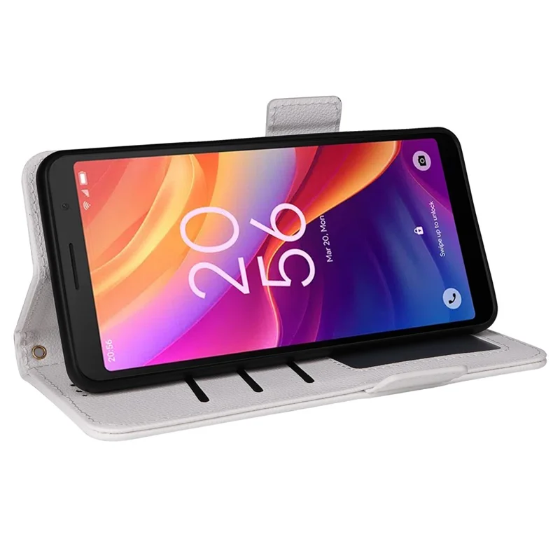 For TCL 501 T433D Case with Wrist Strap Litchi Texture PU Leather Wallet Phone Cover - White