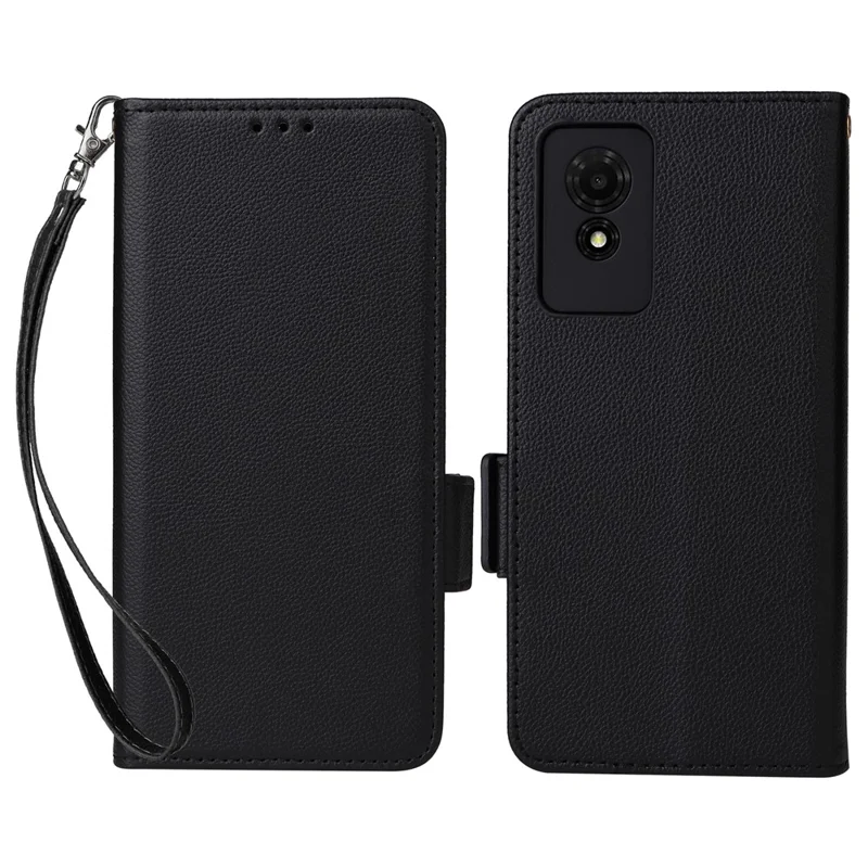 For TCL 501 T433D Case with Wrist Strap Litchi Texture PU Leather Wallet Phone Cover - Black