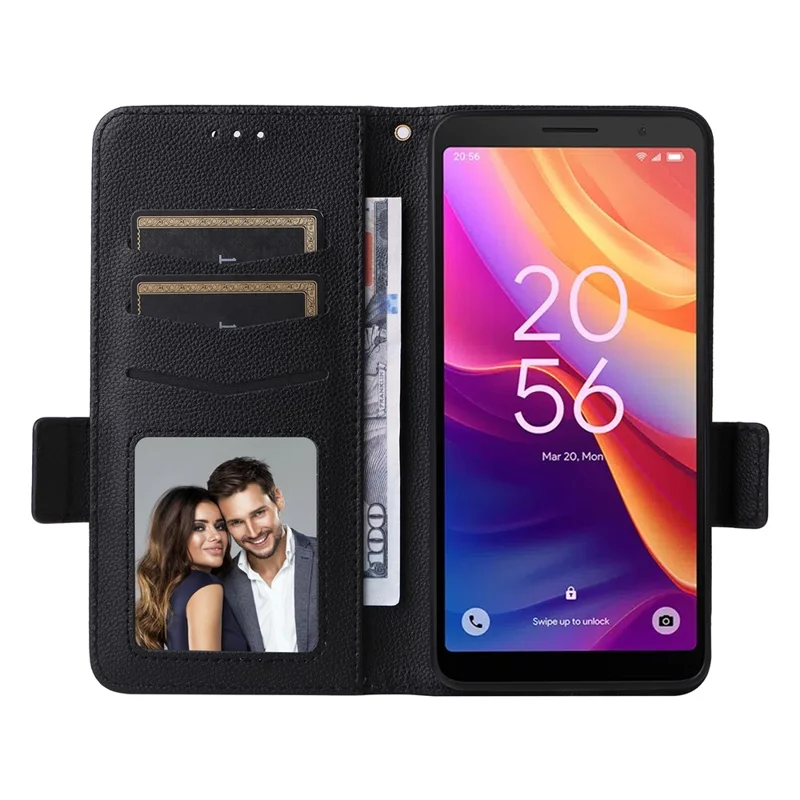 For TCL 501 T433D Case with Wrist Strap Litchi Texture PU Leather Wallet Phone Cover - Black