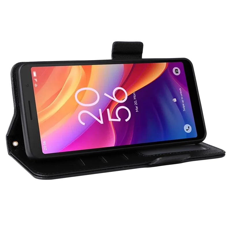 For TCL 501 T433D Case with Wrist Strap Litchi Texture PU Leather Wallet Phone Cover - Black