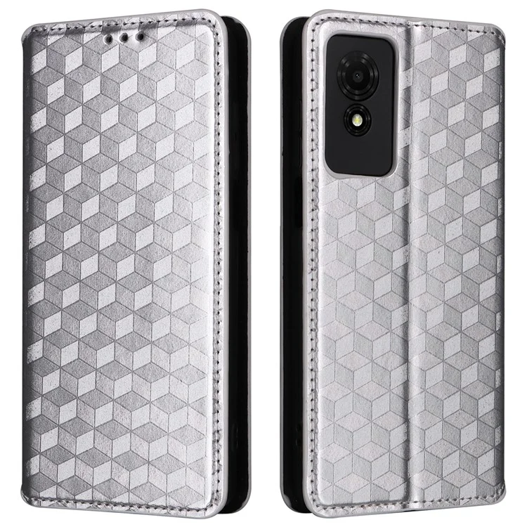 For TCL 501 T433D Case Rhombus Imprinted Phone Cover with Wallet Card Slots - Silver