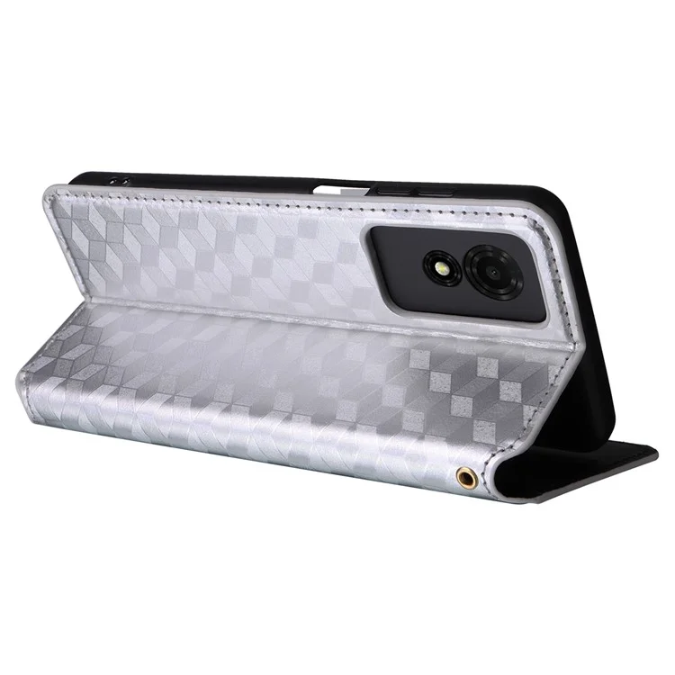 For TCL 501 T433D Case Rhombus Imprinted Phone Cover with Wallet Card Slots - Silver