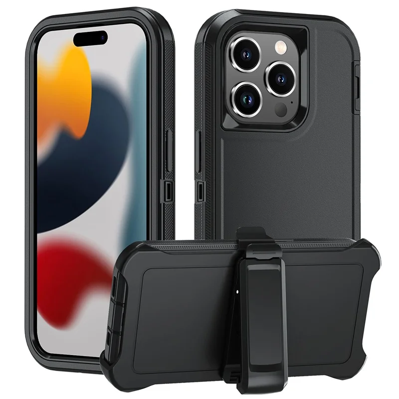 For iPhone 15 Pro Max Cover Detachable PC+TPU Phone Case with Rotatable Belt Clip Kickstand - Black