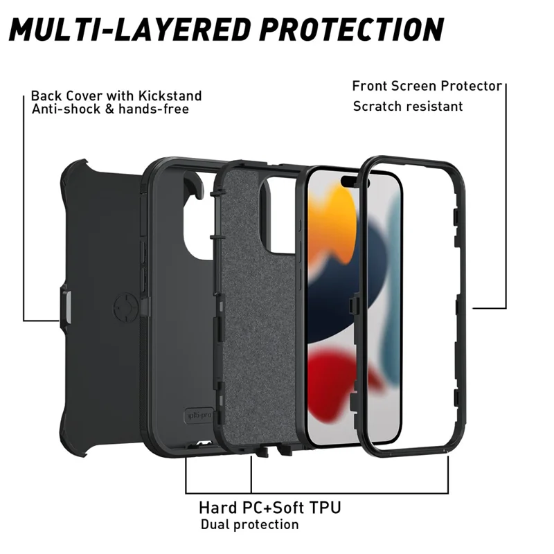 For iPhone 15 Pro Max Cover Detachable PC+TPU Phone Case with Rotatable Belt Clip Kickstand - Black