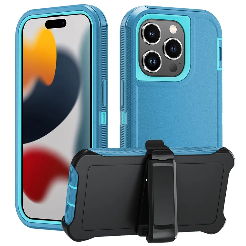 For iPhone 15 Pro Max Cover Detachable PC+TPU Phone Case with Rotatable Belt Clip Kickstand - Lake Blue+Sky Blue