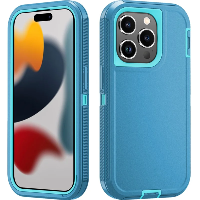 For iPhone 15 Pro Max Cover Detachable PC+TPU Phone Case with Rotatable Belt Clip Kickstand - Lake Blue+Sky Blue