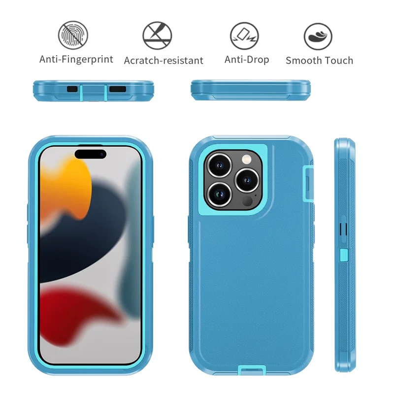 For iPhone 15 Pro Max Cover Detachable PC+TPU Phone Case with Rotatable Belt Clip Kickstand - Lake Blue+Sky Blue