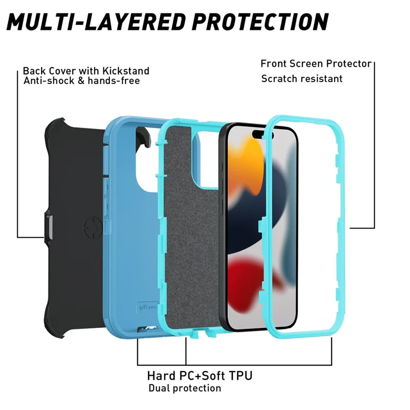 For iPhone 15 Pro Max Cover Detachable PC+TPU Phone Case with Rotatable Belt Clip Kickstand - Lake Blue+Sky Blue