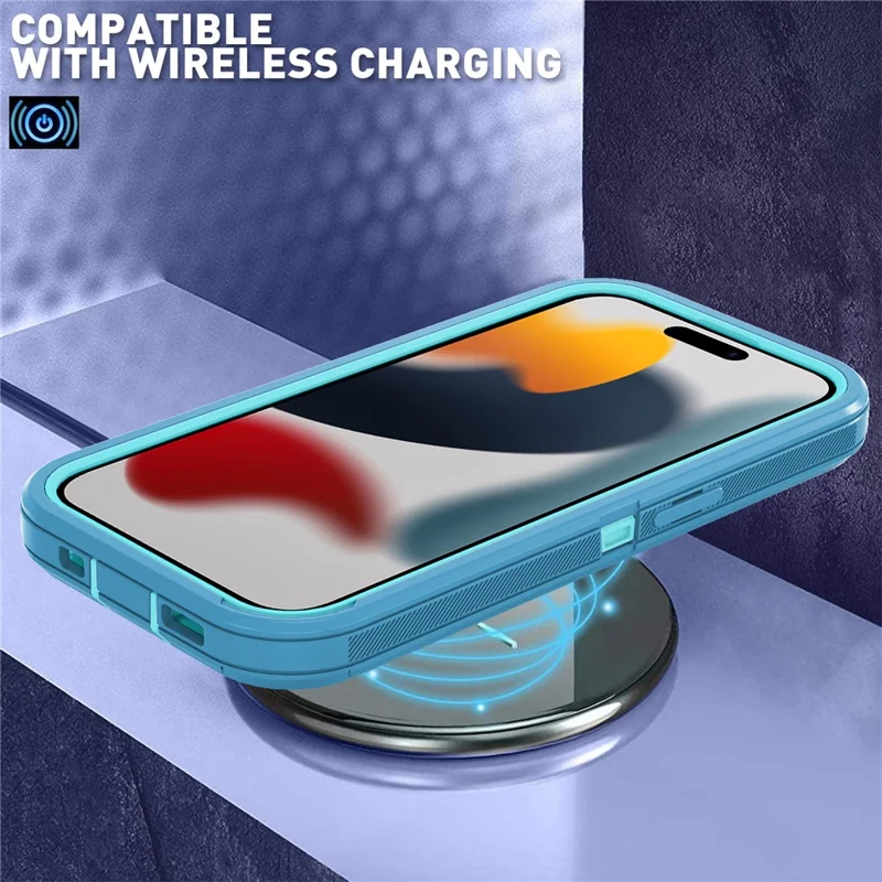 For iPhone 15 Pro Max Cover Detachable PC+TPU Phone Case with Rotatable Belt Clip Kickstand - Lake Blue+Sky Blue