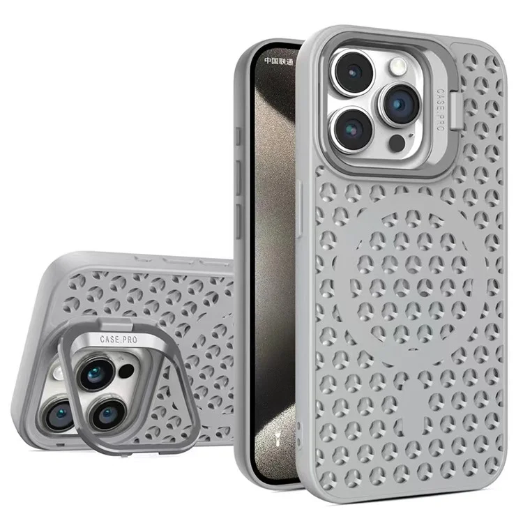 For iPhone 15 Pro Magnetic Case Lens Kickstand TPU+PC Heat Dissipation Phone Cover - Grey