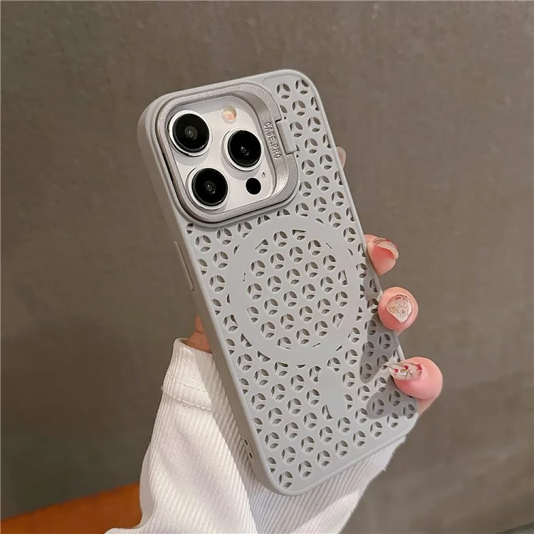 For iPhone 15 Pro Magnetic Case Lens Kickstand TPU+PC Heat Dissipation Phone Cover - Grey