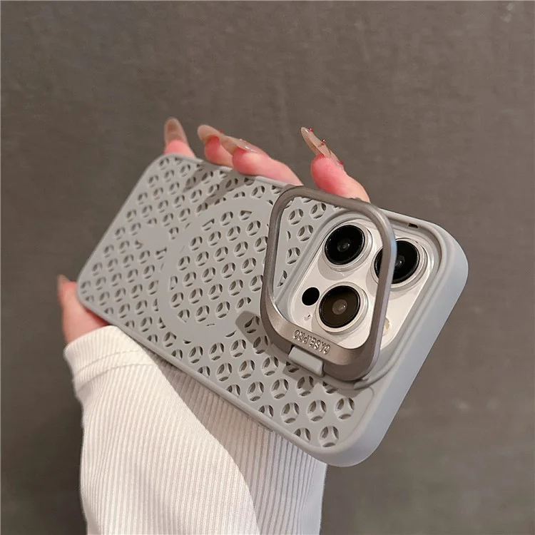 For iPhone 15 Pro Magnetic Case Lens Kickstand TPU+PC Heat Dissipation Phone Cover - Grey
