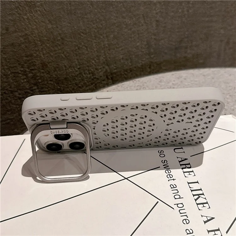 For iPhone 15 Pro Magnetic Case Lens Kickstand TPU+PC Heat Dissipation Phone Cover - Grey