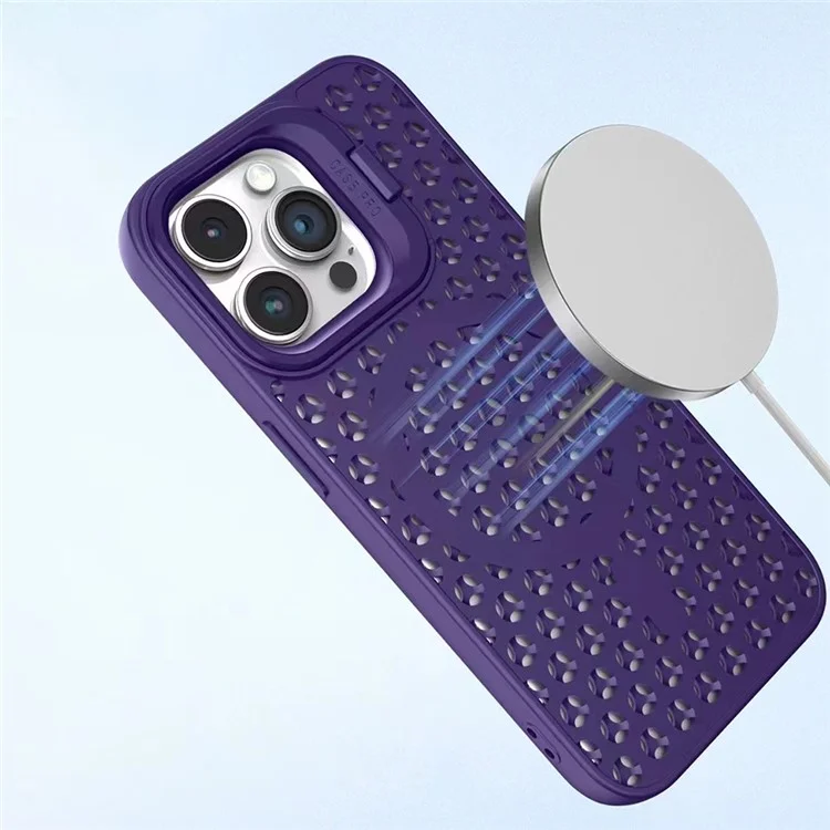 For iPhone 15 Pro Magnetic Case Lens Kickstand TPU+PC Heat Dissipation Phone Cover - Grey