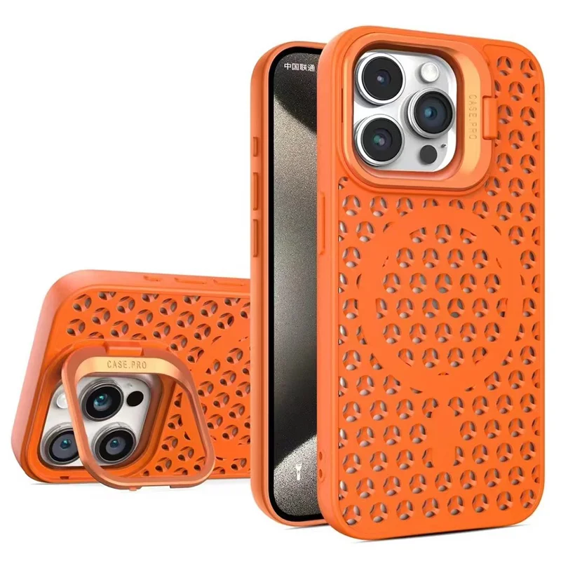 For iPhone 14 Pro Magnetic Case Anti-Drop Lens Kickstand TPU+PC Phone Cover - Orange