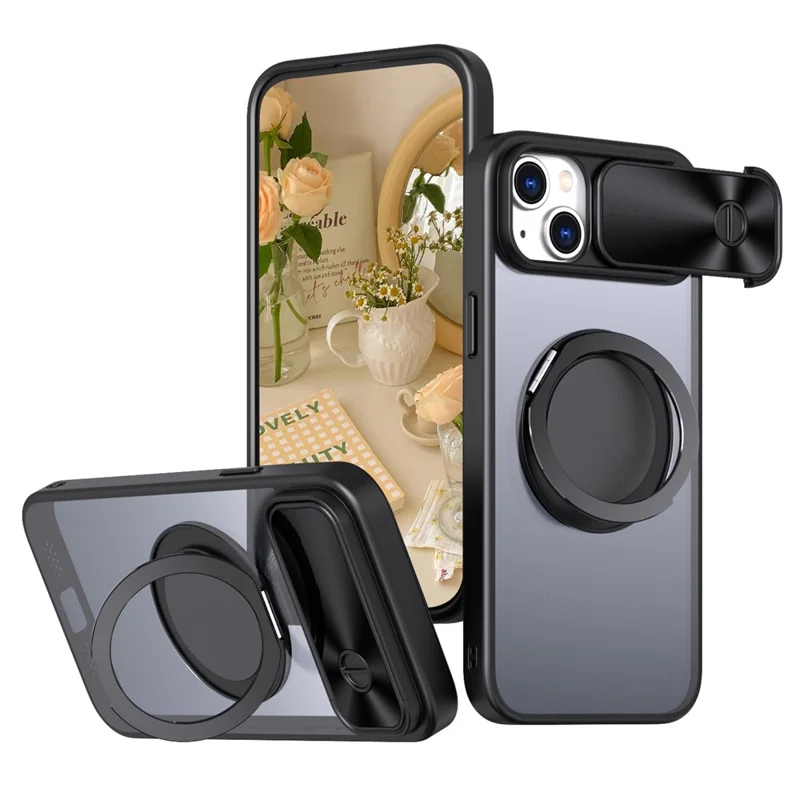 Funda para iPhone 13 / 14 Compatible con MagSafe con Soporte de Patada, Carcasa de Teléfono en PC Duro con Protector Deslizante para Lente - Negro