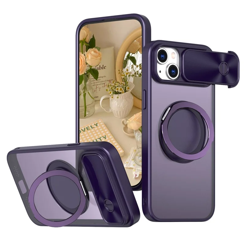 Für Iphone 13 / 14 Fall Kompatibel Mit Magsafe Kickstand Hard PC -telefonabdeckung Mit Schiebelobjektivschutz - Lila