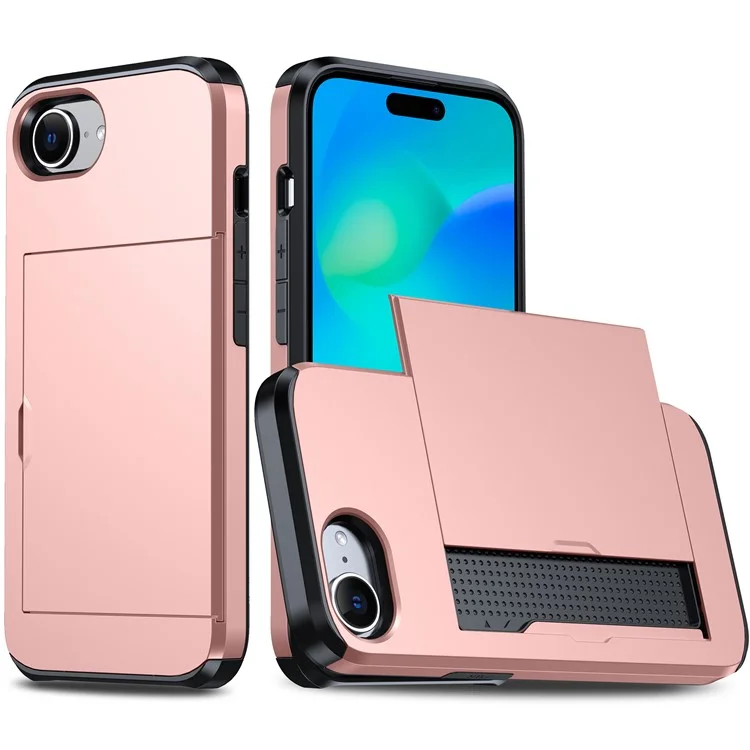 For iPhone 16e Case TPU + PC Dual Layer Armor Phone Cover with Sliding Card Slot - Rose Gold